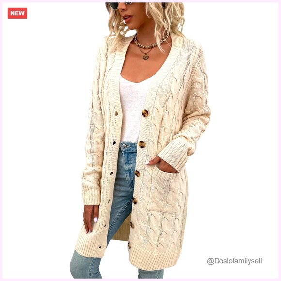 Sweaters - Women's Cable Knit Cardigan Sweater Open Front Loose Fit Long Sleeve with Pocket